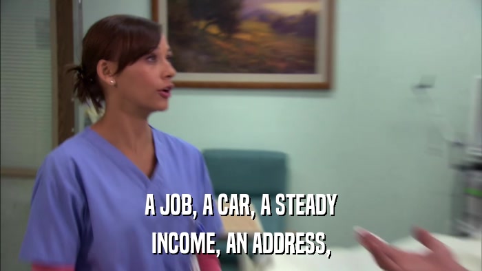 A JOB, A CAR, A STEADY INCOME, AN ADDRESS, 