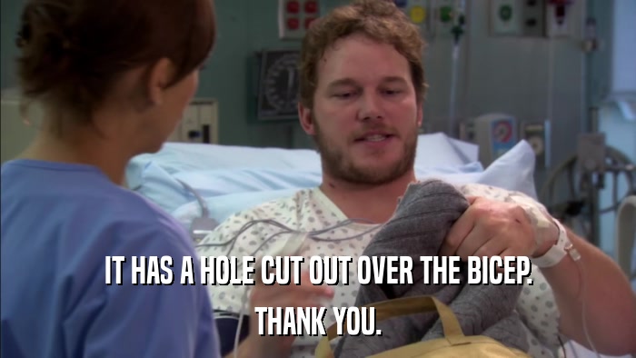 IT HAS A HOLE CUT OUT OVER THE BICEP. THANK YOU. 