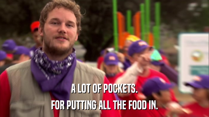 A LOT OF POCKETS. FOR PUTTING ALL THE FOOD IN. 