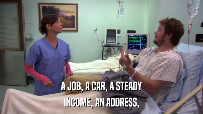A JOB, A CAR, A STEADY INCOME, AN ADDRESS, 