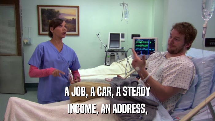 A JOB, A CAR, A STEADY INCOME, AN ADDRESS, 
