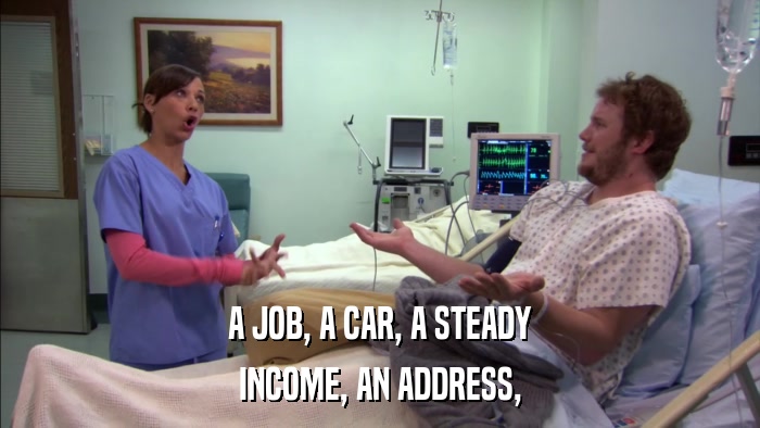 A JOB, A CAR, A STEADY INCOME, AN ADDRESS, 