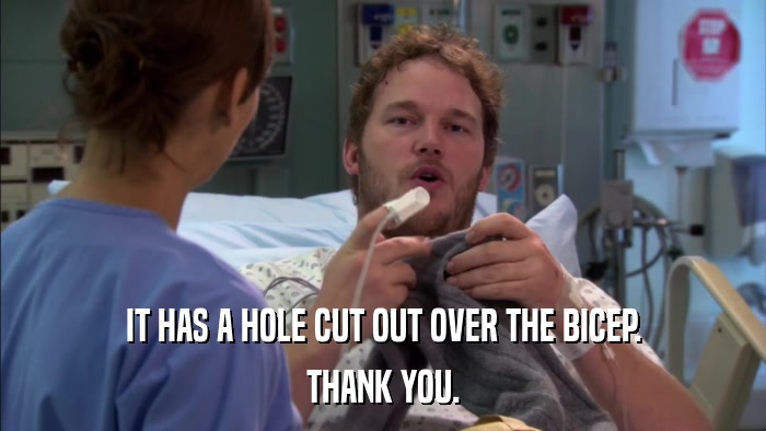IT HAS A HOLE CUT OUT OVER THE BICEP. THANK YOU. 