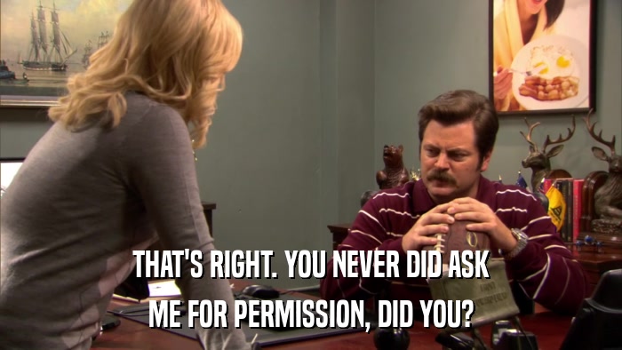 THAT'S RIGHT. YOU NEVER DID ASK ME FOR PERMISSION, DID YOU? 