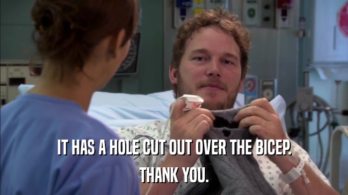 IT HAS A HOLE CUT OUT OVER THE BICEP. THANK YOU. 