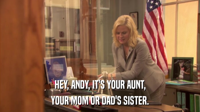 HEY, ANDY, IT'S YOUR AUNT, YOUR MOM OR DAD'S SISTER. 