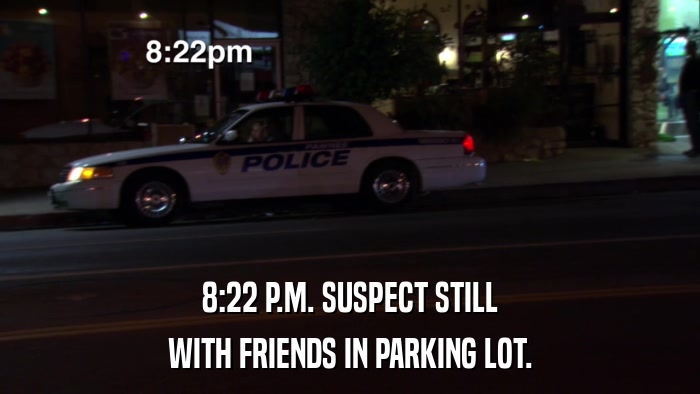 8:22 P.M. SUSPECT STILL WITH FRIENDS IN PARKING LOT. 