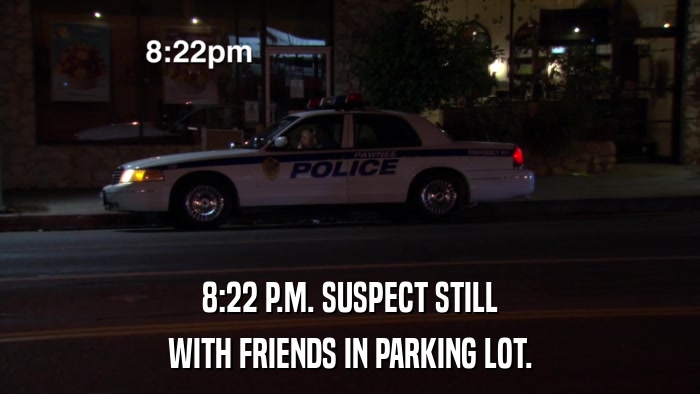 8:22 P.M. SUSPECT STILL WITH FRIENDS IN PARKING LOT. 