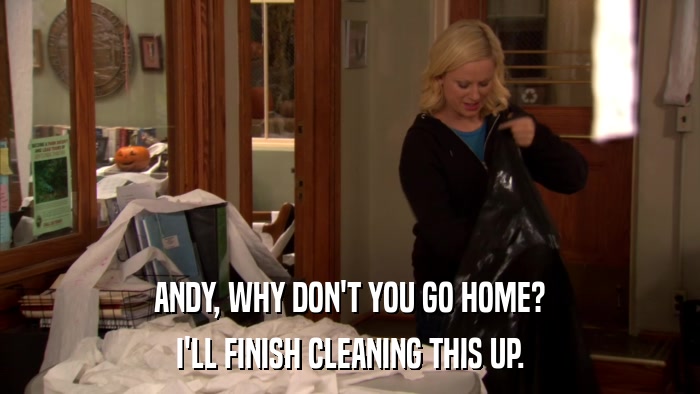 ANDY, WHY DON'T YOU GO HOME? I'LL FINISH CLEANING THIS UP. 