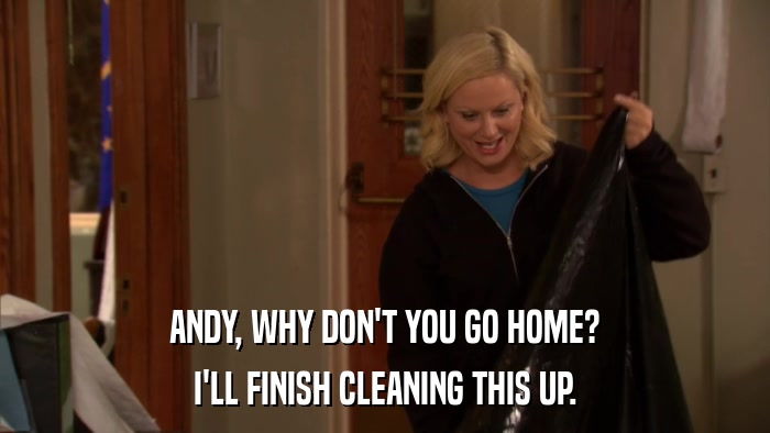 ANDY, WHY DON'T YOU GO HOME? I'LL FINISH CLEANING THIS UP. 