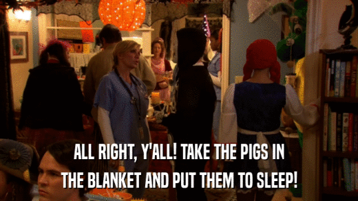 ALL RIGHT, Y'ALL! TAKE THE PIGS IN THE BLANKET AND PUT THEM TO SLEEP! 