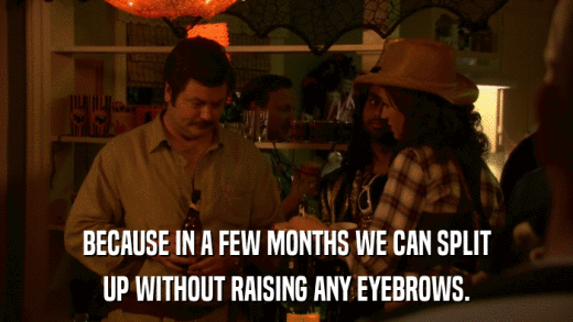 BECAUSE IN A FEW MONTHS WE CAN SPLIT UP WITHOUT RAISING ANY EYEBROWS. 
