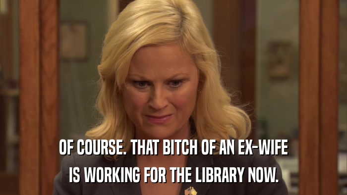 OF COURSE. THAT BITCH OF AN EX-WIFE IS WORKING FOR THE LIBRARY NOW. 