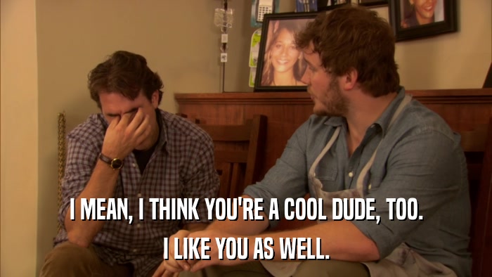 I MEAN, I THINK YOU'RE A COOL DUDE, TOO. I LIKE YOU AS WELL. 