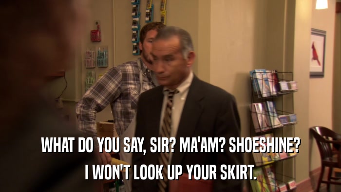 WHAT DO YOU SAY, SIR? MA'AM? SHOESHINE? I WON'T LOOK UP YOUR SKIRT. 