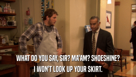 WHAT DO YOU SAY, SIR? MA'AM? SHOESHINE? I WON'T LOOK UP YOUR SKIRT. 