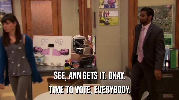 SEE, ANN GETS IT. OKAY. TIME TO VOTE, EVERYBODY. 