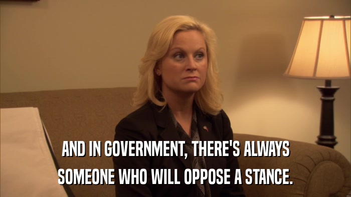 AND IN GOVERNMENT, THERE'S ALWAYS SOMEONE WHO WILL OPPOSE A STANCE. 