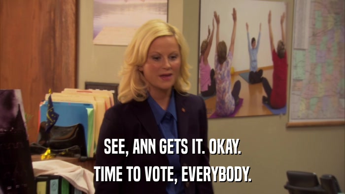 SEE, ANN GETS IT. OKAY. TIME TO VOTE, EVERYBODY. 