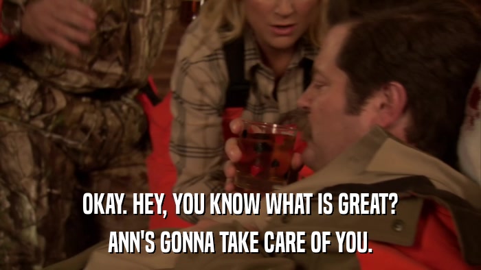 OKAY. HEY, YOU KNOW WHAT IS GREAT? ANN'S GONNA TAKE CARE OF YOU. 