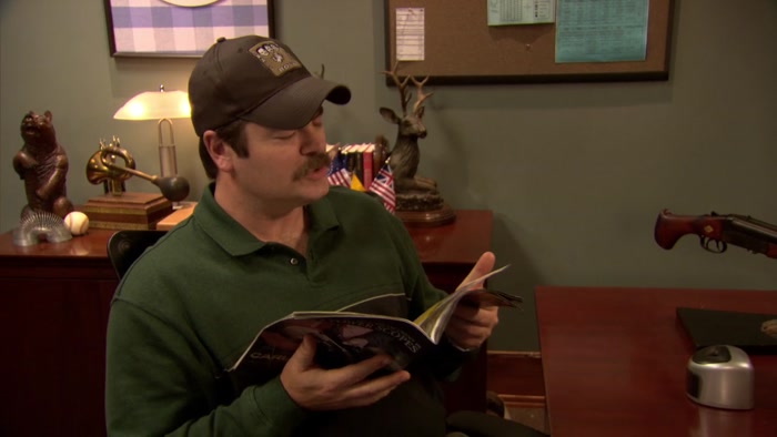 HUNTING TRIP? WE'RE DOING A TRAIL SURVEY, LESLIE. 