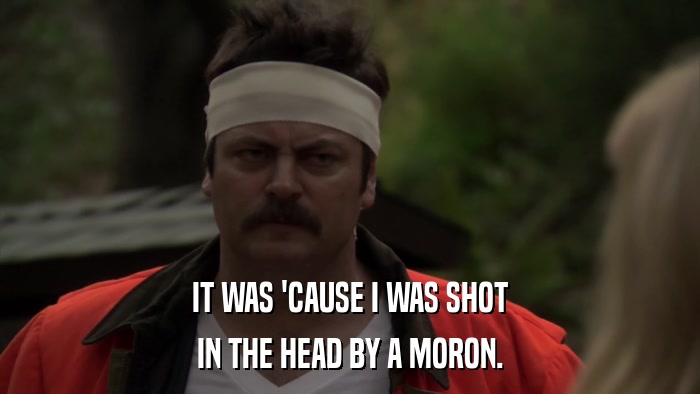 IT WAS 'CAUSE I WAS SHOT IN THE HEAD BY A MORON. 
