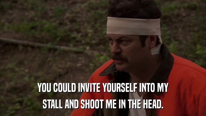 YOU COULD INVITE YOURSELF INTO MY STALL AND SHOOT ME IN THE HEAD. 