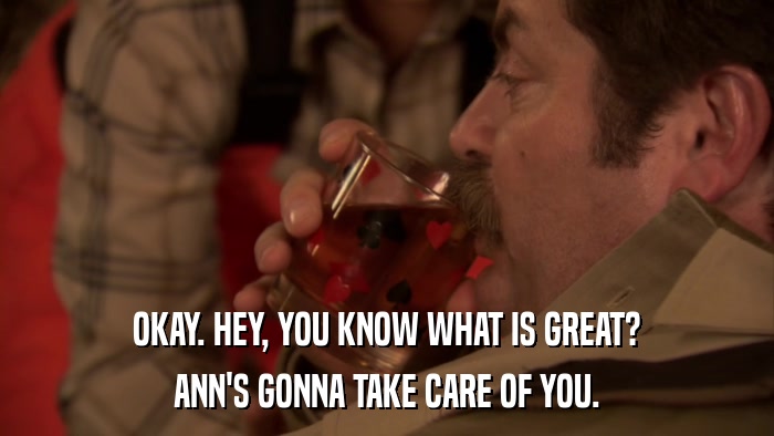OKAY. HEY, YOU KNOW WHAT IS GREAT? ANN'S GONNA TAKE CARE OF YOU. 