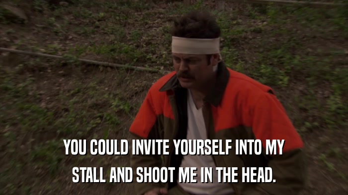 YOU COULD INVITE YOURSELF INTO MY STALL AND SHOOT ME IN THE HEAD. 
