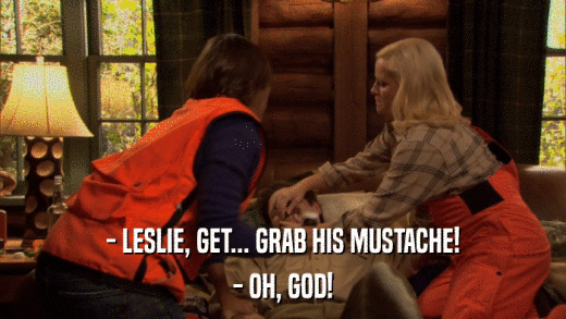 - LESLIE, GET... GRAB HIS MUSTACHE! - OH, GOD! 
