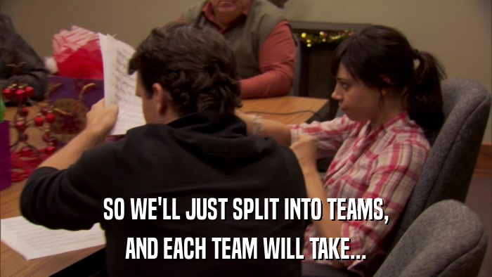 SO WE'LL JUST SPLIT INTO TEAMS, AND EACH TEAM WILL TAKE... 