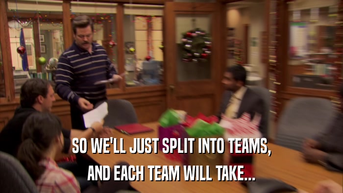 SO WE'LL JUST SPLIT INTO TEAMS, AND EACH TEAM WILL TAKE... 