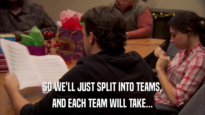 SO WE'LL JUST SPLIT INTO TEAMS, AND EACH TEAM WILL TAKE... 