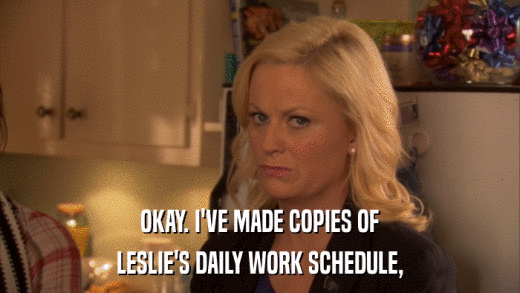 OKAY. I'VE MADE COPIES OF LESLIE'S DAILY WORK SCHEDULE, 