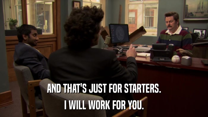 AND THAT'S JUST FOR STARTERS. I WILL WORK FOR YOU. 