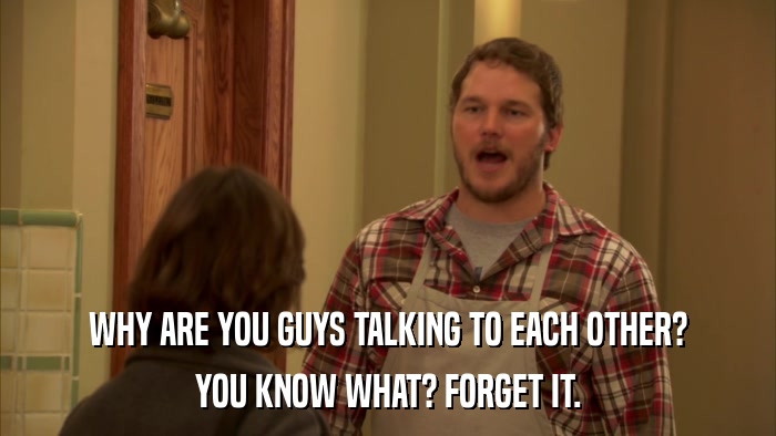 WHY ARE YOU GUYS TALKING TO EACH OTHER? YOU KNOW WHAT? FORGET IT. 