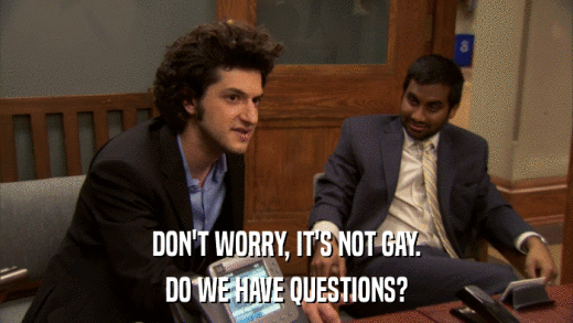 DON'T WORRY, IT'S NOT GAY. DO WE HAVE QUESTIONS? 