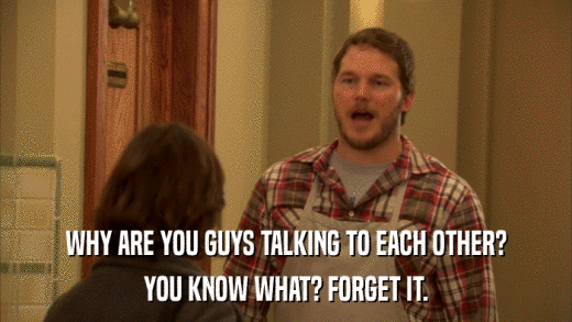 WHY ARE YOU GUYS TALKING TO EACH OTHER? YOU KNOW WHAT? FORGET IT. 