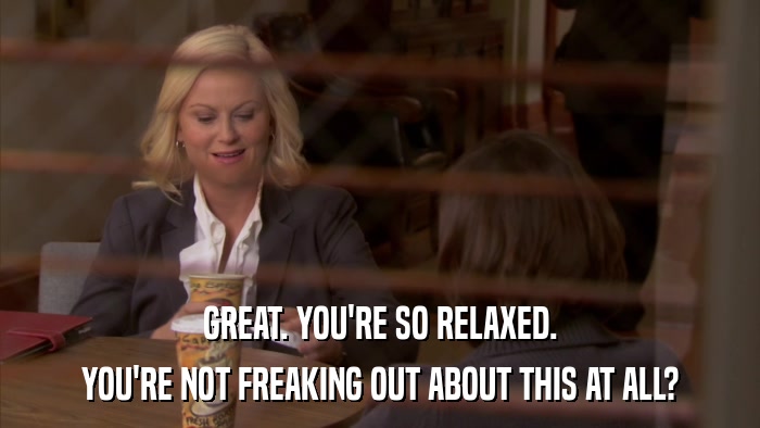 GREAT. YOU'RE SO RELAXED. YOU'RE NOT FREAKING OUT ABOUT THIS AT ALL? 