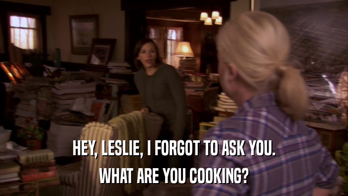HEY, LESLIE, I FORGOT TO ASK YOU. WHAT ARE YOU COOKING? 