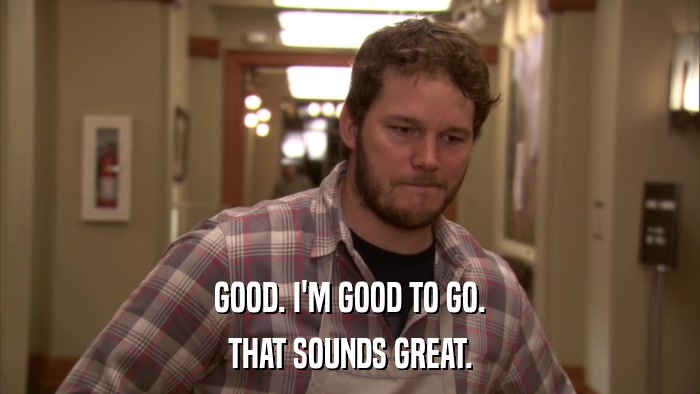GOOD. I'M GOOD TO GO. THAT SOUNDS GREAT. 