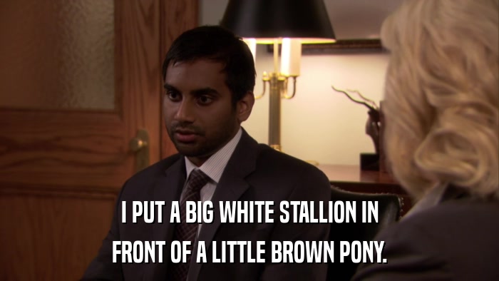 I PUT A BIG WHITE STALLION IN FRONT OF A LITTLE BROWN PONY. 
