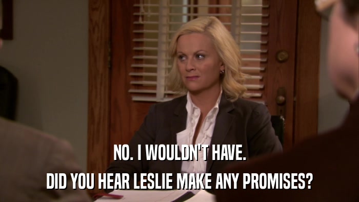 NO. I WOULDN'T HAVE. DID YOU HEAR LESLIE MAKE ANY PROMISES? 