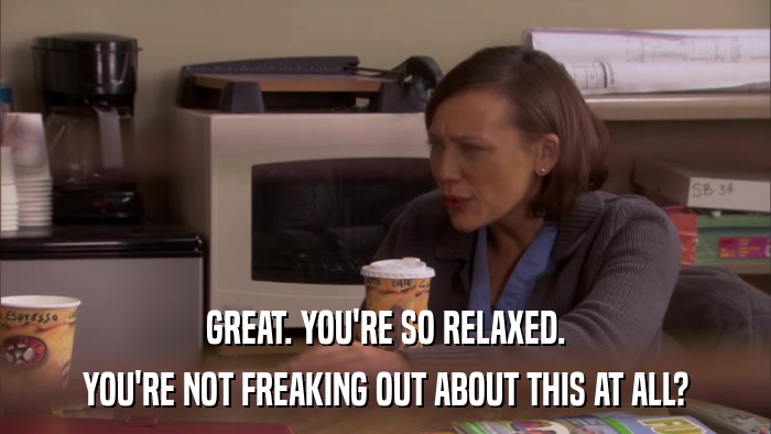 GREAT. YOU'RE SO RELAXED. YOU'RE NOT FREAKING OUT ABOUT THIS AT ALL? 