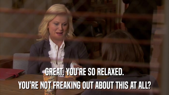 GREAT. YOU'RE SO RELAXED. YOU'RE NOT FREAKING OUT ABOUT THIS AT ALL? 
