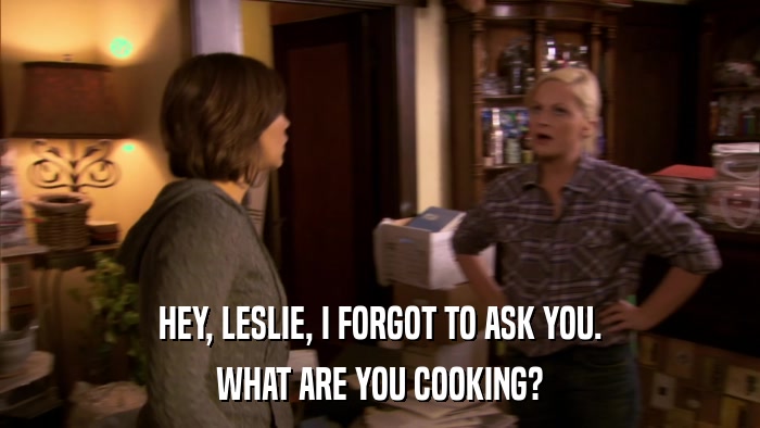 HEY, LESLIE, I FORGOT TO ASK YOU. WHAT ARE YOU COOKING? 