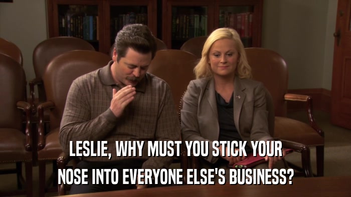 LESLIE, WHY MUST YOU STICK YOUR NOSE INTO EVERYONE ELSE'S BUSINESS? 