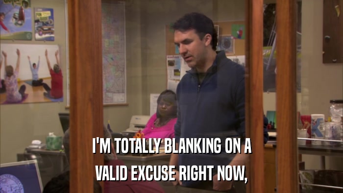 I'M TOTALLY BLANKING ON A VALID EXCUSE RIGHT NOW, 