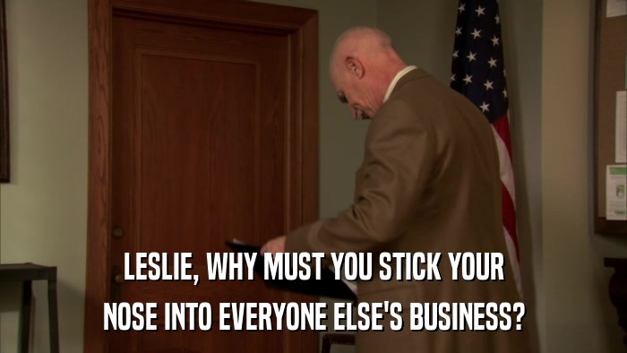 LESLIE, WHY MUST YOU STICK YOUR NOSE INTO EVERYONE ELSE'S BUSINESS? 