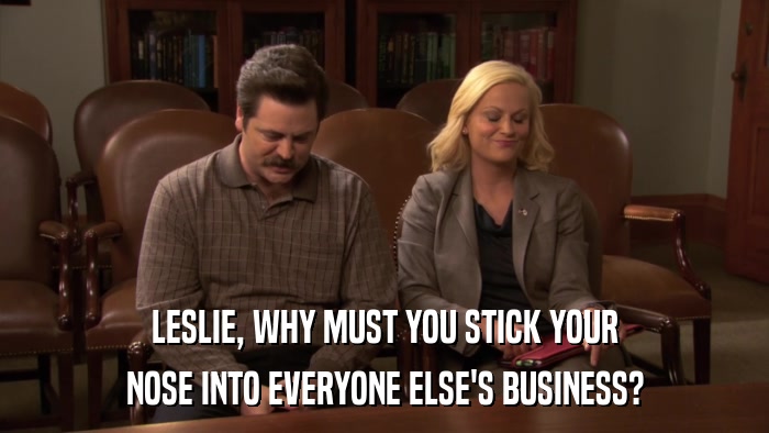LESLIE, WHY MUST YOU STICK YOUR NOSE INTO EVERYONE ELSE'S BUSINESS? 